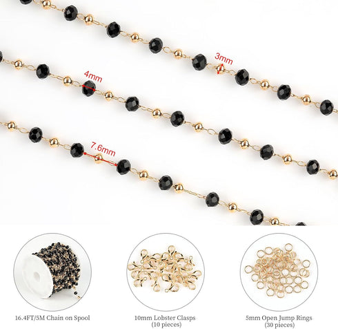 KYUNHOO 16.4 Feet Black Beaded Chain for Jewelry Making Gold Plated Brass Rosary Chain on Spool with Lobster Claps and Jump Rings for Women Neckla...