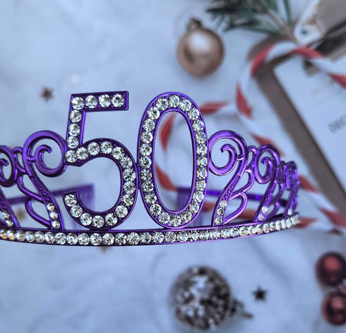 Mayin Purple Glitter Crystal Rhinestone Tiara Crown and Sash for 50th Birthday Party Supplies, Favors, Decorations, Cake Topper...