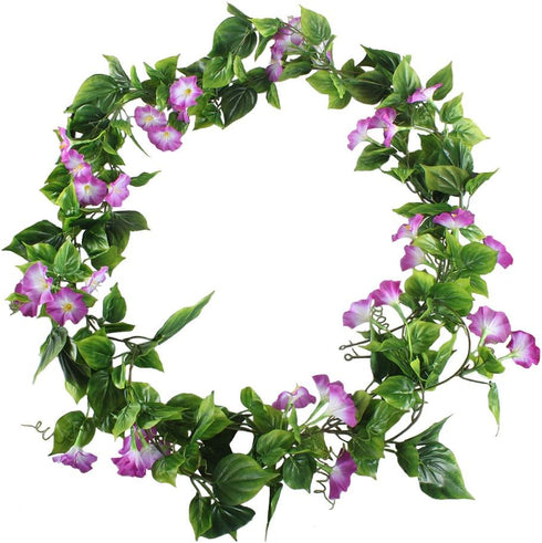 GTIDEA Artificial Vines, 2pcs 15Feet Morning Glory Hanging Plants Silk Garland Fake Green Plant Home Garden Wall Fence Stairway Outdoor Wedding Ha...