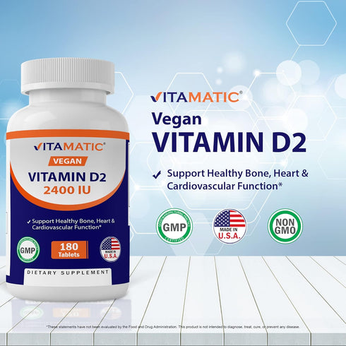 Vitamatic Vitamin D2 60 mcg (2400 IU) - Ergocalciferol - 180 Vegetarian Tablets (180 Tablets (Pack of 1)) (2 Bottles)...