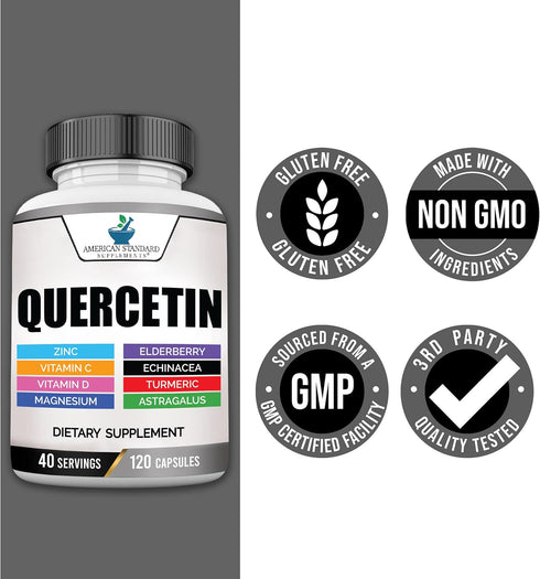 American Standard Supplements Quercetin 1000mg Per Serving with Zinc, Vitamin C, Vitamin D3, Magnesium, Elderberry, Echinacea, Turmeric, Astragalu...