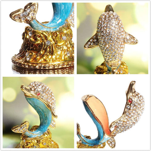 Waltz&F White diamond dolphin Hand Painted Enameled Decorative Hinged Jewelry Animal Trinket Box Unique Gift For Home Decor...