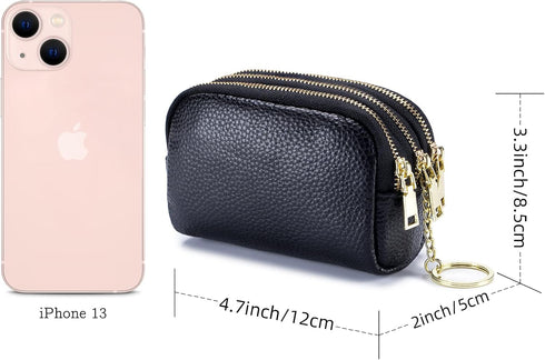 3 Zippered Genuine Leather Coin Purse Triple Capacity Change Pouch Little Travel Wallet With Key Ring for Women...