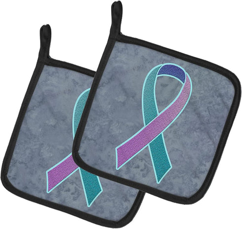 Caroline's Treasures AN1217PTHD Teal, Pink and Blue Ribbon for Thyroid Cancer Awareness Pair of Pot Holders Kitchen Heat Resistant Pot Holders Set...