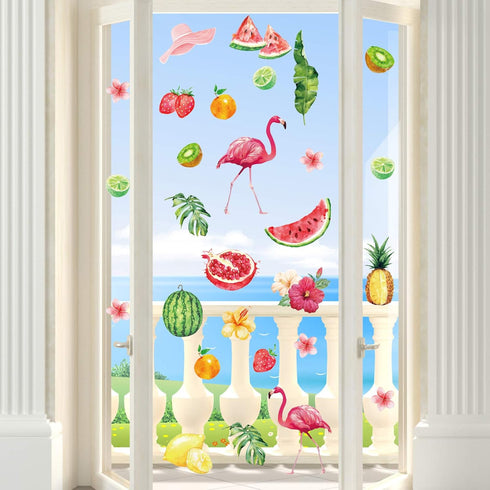 80 Pieces Summer Flamingo Window Sticker Hawaii Window Decals Flamingo Watermelon Strawberry Window Sticker for Bedroom Living Room Swimming Pool ...
