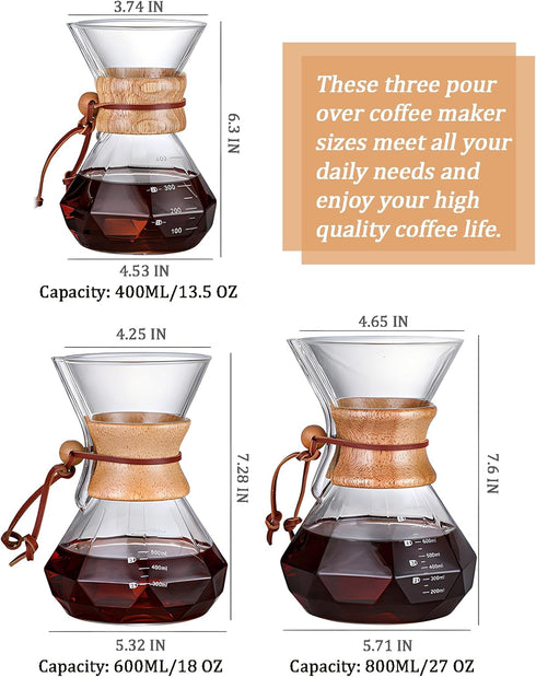 Pour Over Coffee Maker with Reusable Stainless Steel Drip Filter, Lead-Free Borosilicate Glass Coffee Carafe with Modern Wooden Collar for 1-2Cup,...