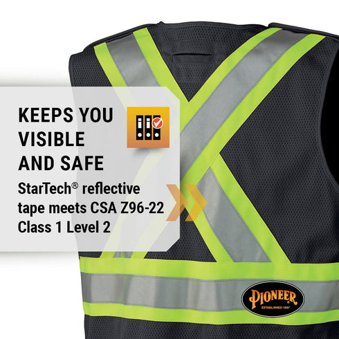 Pioneer Hi Vis Tear-Away Mesh Back Safety Vest for Me - Reflective Tape, 4 Pockets - Construction, Traffic, Security - Black...