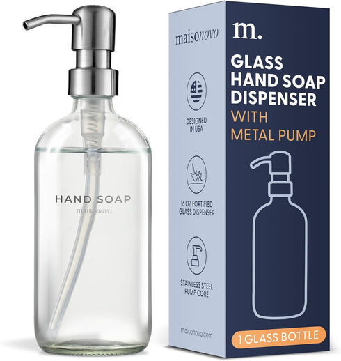 MaisoNovo Hand Soap Dispenser for Bathroom | 16.9 fl oz Clear Glass Silver Pump x 1...