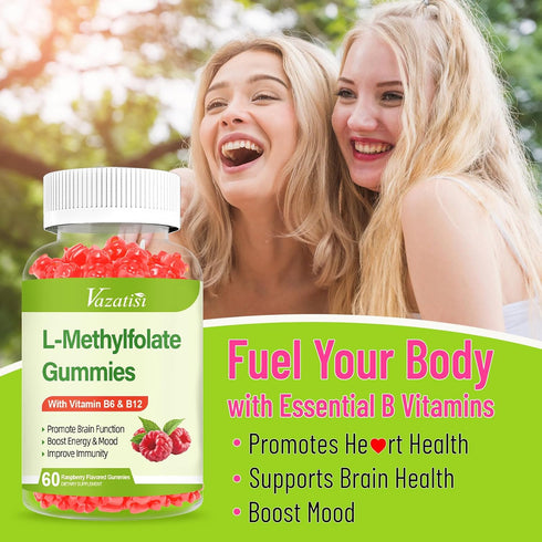 Sugar Free L-Methylfolate 15mg Gummies with Methyl B12, Folate Supplement for Mood, Brain Health, Immune Support - Raspberry Flavor, 60 Count...