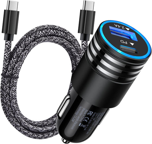 30W Fast iPhone Car Charger Type C Cigarette Lighter Adapter Car Plug with 3FT USB C to USB C Fast Charging Cable for iPhone 15/15 Pro/15 Pro Max/...