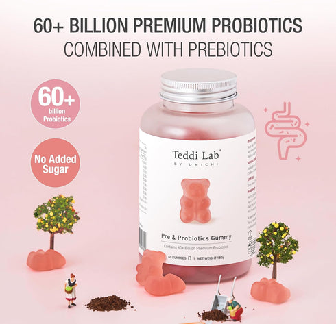 Unichi Pre & Probiotics Gummy, 60+ Billion Probiotics Combined with Prebiotic for Digestive Wellness and Inner Balance, NON-GMO, Yogurt Flavour, 6...