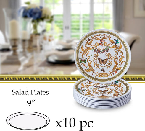 SILVER SPOONS White and Gold Plastic Dinner Plates for Party (10 PC) Heavy Duty Disposable Dinner Set 9", Fine China Look Dishes for Baby Showers,...