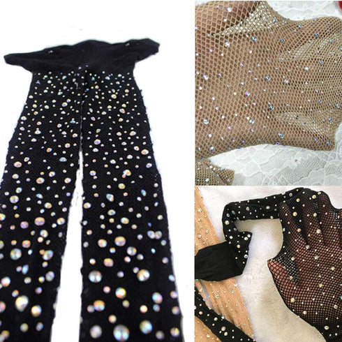 2Pairs Fishnet Stockings Rhinestone High Waist Tights Pantyhose Sparkle Glitter Crystal Small Mesh Stockings(Black & Beige)...