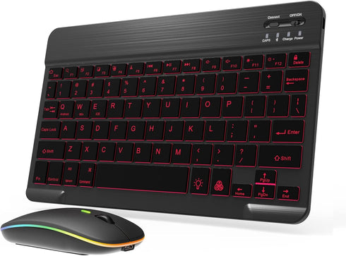 Backlit Bluetooth Keyboard and Mouse Combo for iPad Air Pro Mini Tablet iPhone Android Samsung Smartphone Cell Phone Rechargeable Ultra Slim Wirel...