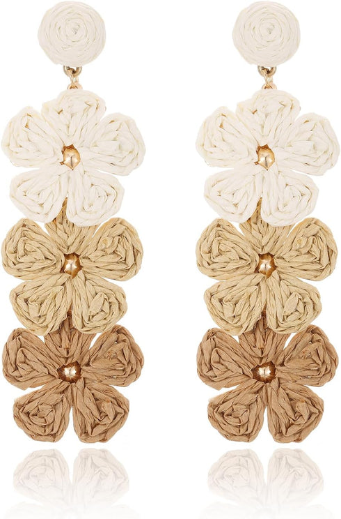 Raffia Flower Earrings, Raffia Straw Wrapped Flower Drop Dangle Earrings Summer Tropical Beach Jewelry...
