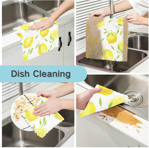 CaTaKu Lemons Leaves Kitchen Dish Cloths, 6 Pack Reusable Dish Rags for Washing Dishes, Microfiber Cleaning Cloths Dish Towels Washcloths for Kitc...