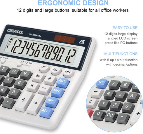 OSALO Desktop Calculator Extra Large Display 12 Digits Big Buttons Solar Accounting Calculator for Office (OS-200ML)...