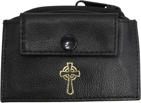 Mens Womens Catholic Gift Black Leather Rosary Case with Zipper Closure and Snap Frong Pocket Gold Stamp Irish Celtic Cross Design...