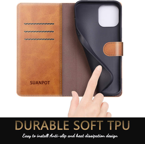 SUANPOT for iPhone 12/12 Pro 6.1" Leather Wallet Case with RFID Blocking, Card Holder, Shockproof Flip Cover, Light Brown...