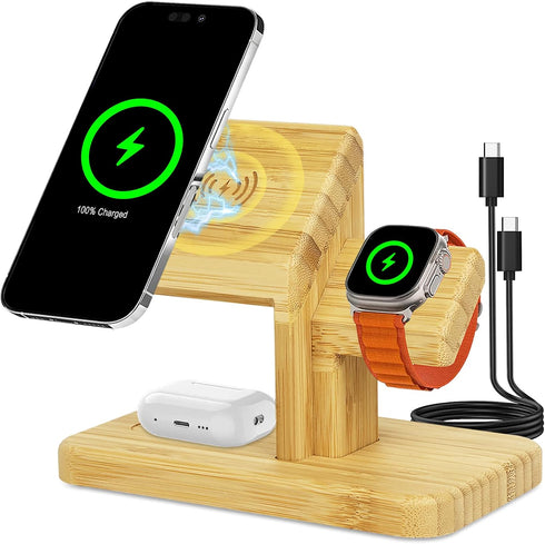 Wireless Charging Station for Apple, 20W Fast 3 in 1 Wireless Charger Stand, Bamboo Charging Station for iPhone 15/14/13/12 Pro/Max/Plus, for Appl...