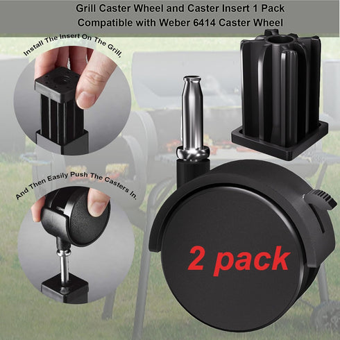 2 Pack Replacement 6414 Caster Wheel Swivel Caster Stem Style Locking Caster for Weber, Genesis, Spirit, Summit, Silver Gas Grills - BBQ Caster Wh...