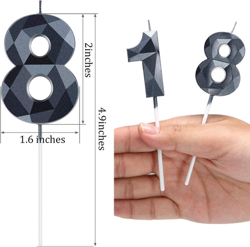 18th Birthday Candles, Black 3D Diamond Shape Number 18 Candles Happy Birthday Cake Topper Decoration for Wedding Decor Theme Party Anniversary, 2...