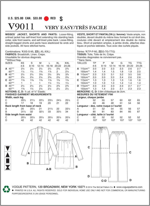 Vogue Patterns V9011 Misses' Jacket, Shorts and Pants Sewing Template, Size ZZ (LRG-XLG-XXL)...