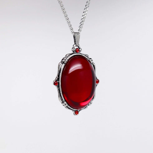 Blood Red Oval Stone In Silver Finish Pewter Frame Pendant Necklace...