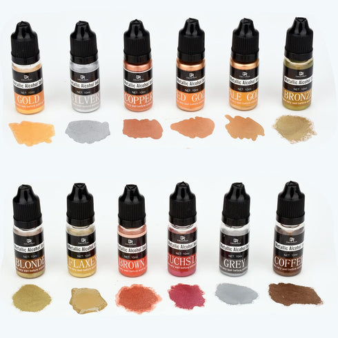 Metallic Alcohol Ink Set - 12 Metal Color Alcohol-Based Inks for Epoxy Resin Art, Painting - Concentrated Shimmer Alcohol Paint Color Dye for Resi...