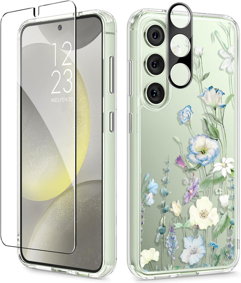 GVIEWIN for Samsung Galaxy S24 Case Floral, with Screen Protector & Camera Lens Protector, Hard PC&TPU Bumper Clear Shockproof Protective Women Ph...
