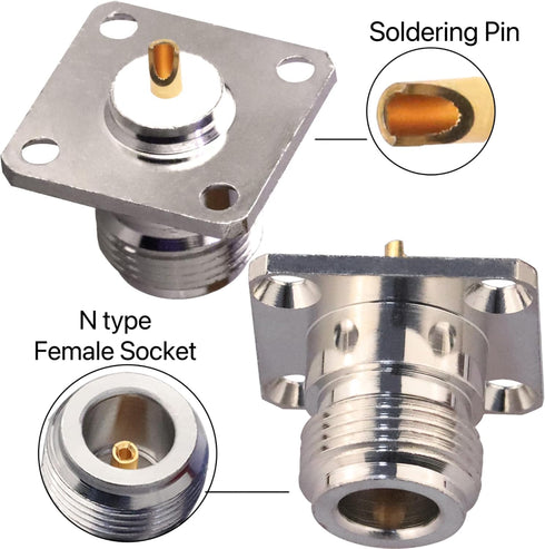 N-Type Socket - Nickel-Plated, Gold-Plated Copper Center, Solder Type, 4 Mounting Holes, 4-Pack, for PCB, Chassis, and Back Panels...