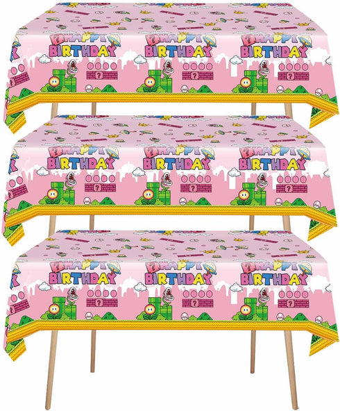 3Pcs Super Brothers Adventure Party Tablecloths 108 x 54 inches Video Game Theme Plastic Table Cloth Fits for Princess Peach Girl Birthday Party D...