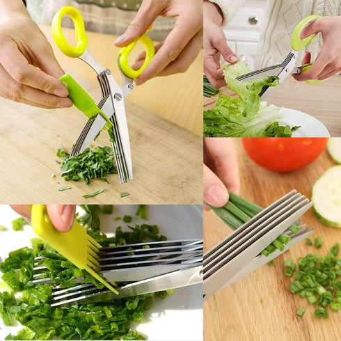 Herbal Scissors Stainless Steel 5 Blade Kitchen Scissors Mince Fresh Herbs & Leafy Greens Kitchen Gadgets Herb Cutter whit Cleaning Comb (Green)...