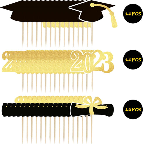 48 PCS Graduation Cupcake Toppers - 2023 Graduation Decoration, Glitter Class of 2023 Food Appetizer Picks, Graduation Theme Party Supplies Gold M...