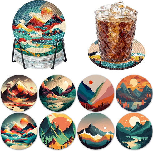 ijbnhd 8 Pcs Diamond Painting Coasters with Holder, Abstract Landscape Diamond Art Coasters Diamond Painting Kits for Beginners, Adults Art Craft ...