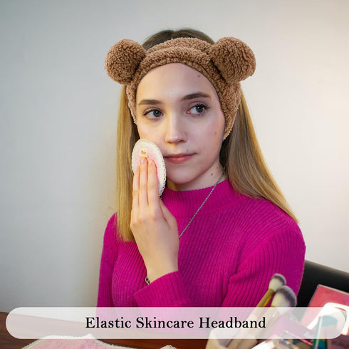 Ondder 2 Pcs Bear Ears Skincare Headbands Cure Makeup Headband Coffee Spa Headband for Washing Face Brown Face Wash Elastic Facial Headband Head B...