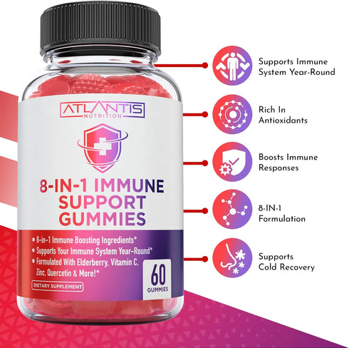 8-In-1 Immune Support Gummies With Elderberry - Powerful Immune Support Supplement Blend Of Elderberry, Quercetin, Zinc & Vitamin C Gummies Are Gr...