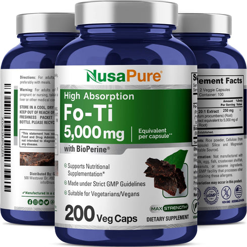 NusaPure Fo-Ti 5000mg per Veggie Caps, 200 Count, He-Shou-Wu Root, Traditional Herb, Non-GMO, Vegan, Bioperine...