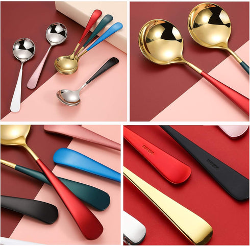 Metal Soup Spoons,Stainless Steel Spoons for Soup Round Colorful Dinner Spoons Thick Short handle Table Spoon 6.3-Inch, Set of 5 (Gold)...