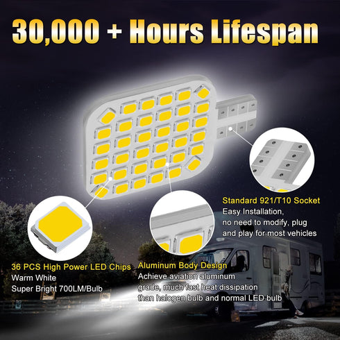 20PCS 921 Interior LED Light Bulbs for RV, Super Bright 36-SMD Warm White 922 912 LED Bulbs Replacement for Camper Trailer Motorhome Marine Boat I...