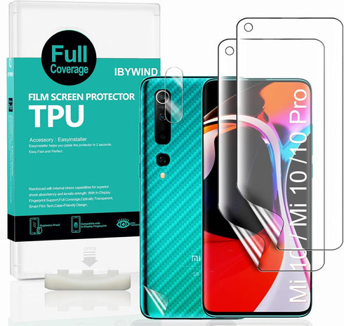 Ibywind Screen Protector For Xiaomi Mi 10/10 Pro,with 2Pcs Flexible TPU Film,1Pc Camera Lens Protector,1Pc Backing Carbon Fiber Film [Fingerprint ...
