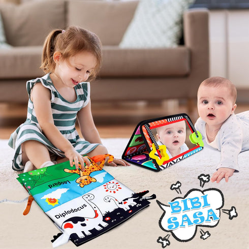 Tummy Time Baby Mirror Toys 0-6 6-12 Months High Contrast Infant Toys Brain Development with Crinkle Cloth Book and Teether - Montessori Newborn S...