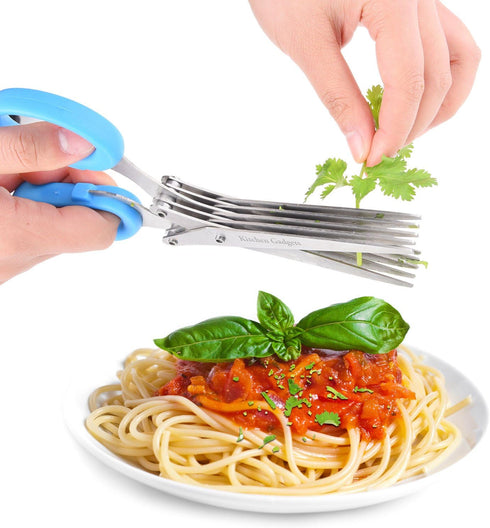 Herb Scissors - with Kitchen Gadgets Retail Package - Multipurpose Kitchen Shears - 5 Extremely Sharp Stainless Steel Blades - Handy Cleaning Comb...