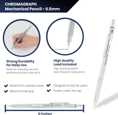 Pacific Arc Chromagraph Metal Mechanical Pencil .5 mm Silver Barrel Mechanical Pencil with Built In Adjustable Pencil Grade, Lead Pencil Holder fo...