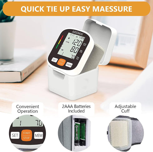 Automatic Wrist Blood Pressure Monitor: Adjustable Cuff + 2AAA Battery and Storage Case - Irregular Heartbeat Detector & 198 Readings Memory Funct...