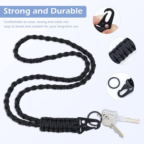 Heavy Duty Neck Lanyard Keychain for Men Women Outdoor Survival, Black Parachute Rope Necklace Keychains with HK Clip Key Ring for ID Card Badge H...