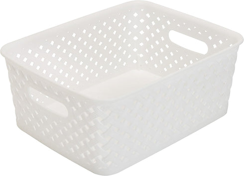 Simplify Small Resin Wicker Tote | Storage Bin | Plastic Organizer | Carrying Handles | Bathroom | Pantry | Accessories | Cleaning Products | Whit...