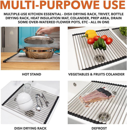 Roll Up Dish Drying Rack 21" x 16" - Over The Sink for Kitchen Counter, Foldable SUS304 Stainless Steel Dish Drying Rack for Cups, Utensils, Fruit...