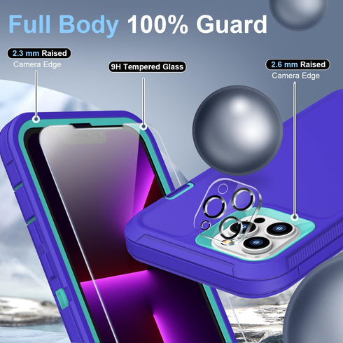 FEIYAR HOME for iPhone 13 Pro Max Heavy Duty Case with 2 Tempered Glass Protectors and Camera Lens Protector, Belt Clip Holster Kickstand - Milita...