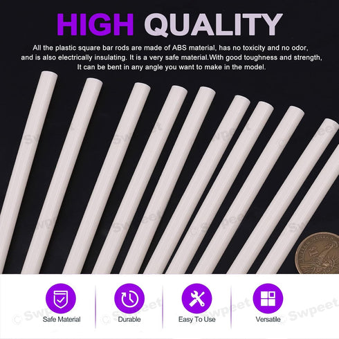 Swpeet 15Pcs Milkly Plastic Rods Assortment Kit, Diameter 7mm Length 250mm Material ABS Round Stick Round Solid Bar DIY Model for DIY Toys Buildin...